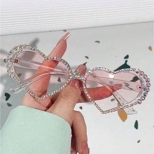 Funky Clear & Pink Heart Shaped Colorful Diamond Embellished Sunglasses OS New